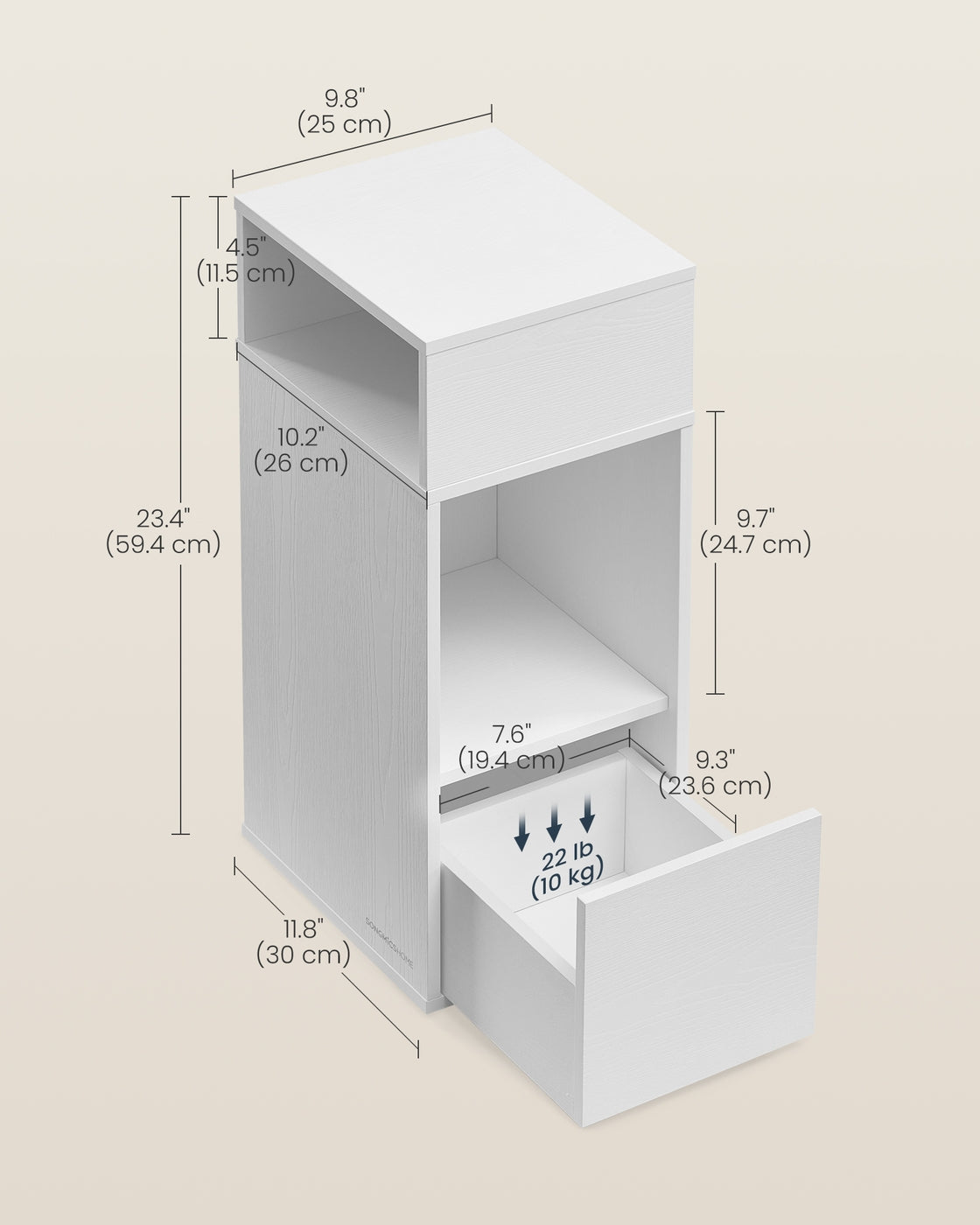 Slim Bedside Table Set of 2 – Wood – White – Toolless Assembly with Open Compartments and Drawer