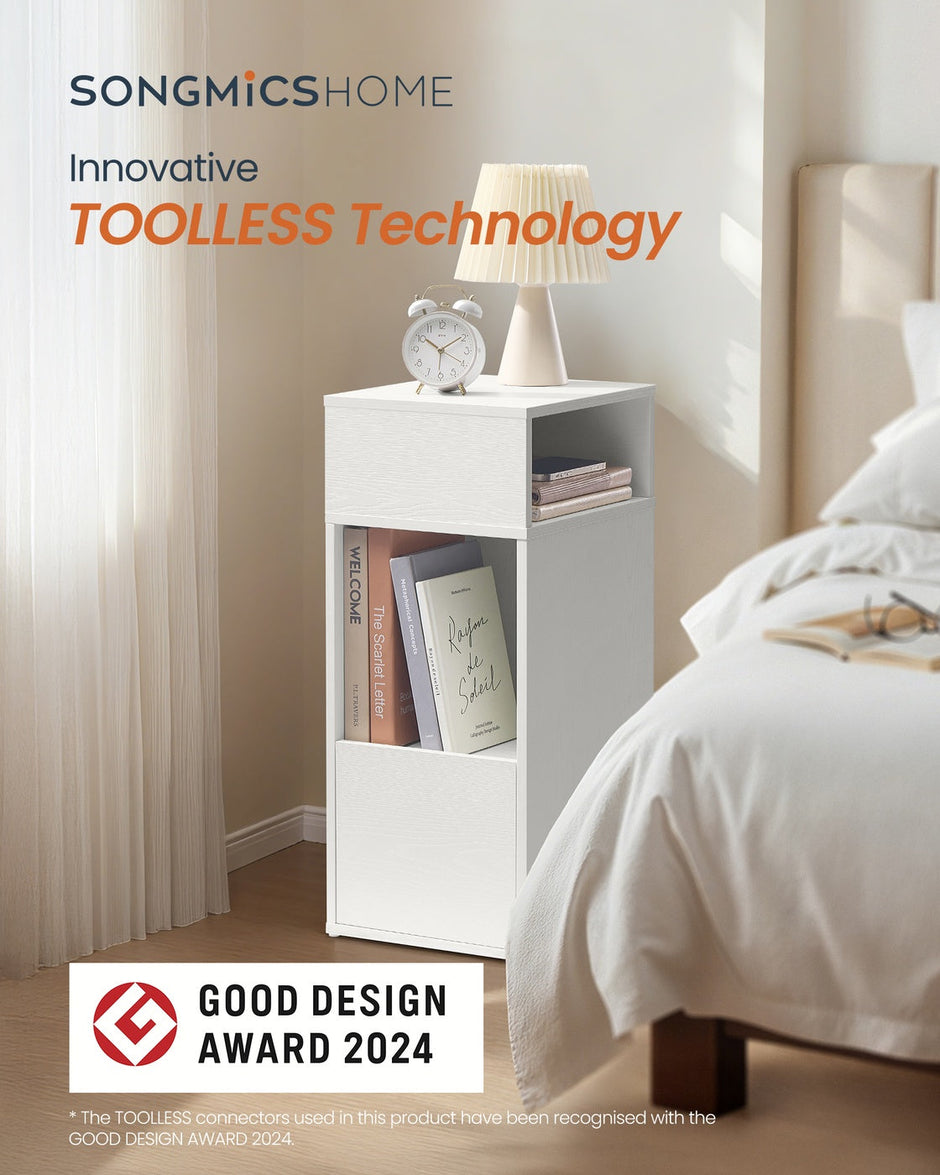 Slim Bedside Table Set of 2 – Wood – White – Toolless Assembly with Open Compartments and Drawer