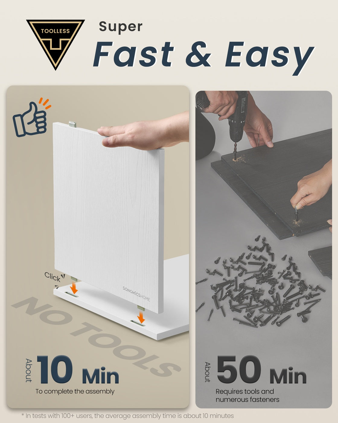 Slim Bedside Table Set of 2 – Wood – White – Toolless Assembly with Open Compartments and Drawer