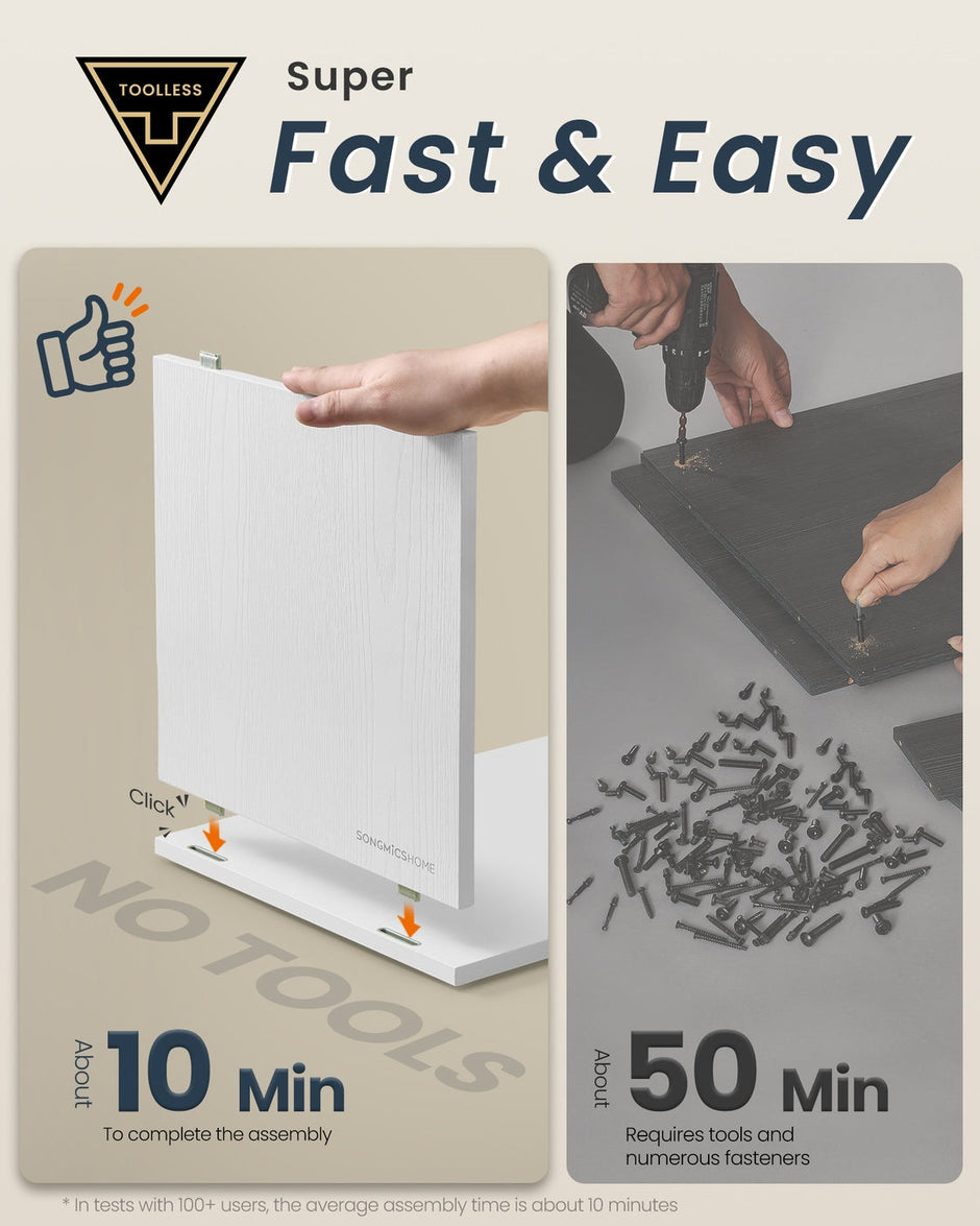 Slim Bedside Table Set of 2 – Wood – White – Toolless Assembly with Open Compartments and Drawer