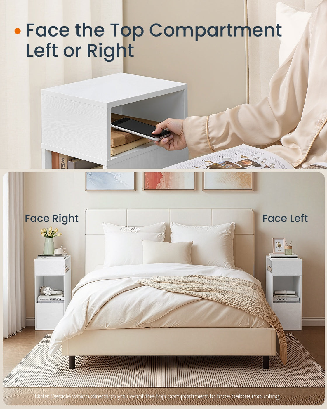Slim Bedside Table Set of 2 – Wood – White – Toolless Assembly with Open Compartments and Drawer
