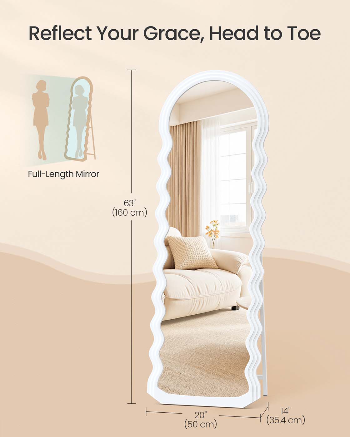 Full Length Mirror – MDF – Cloud White – Irregular Wavy Design with Stand