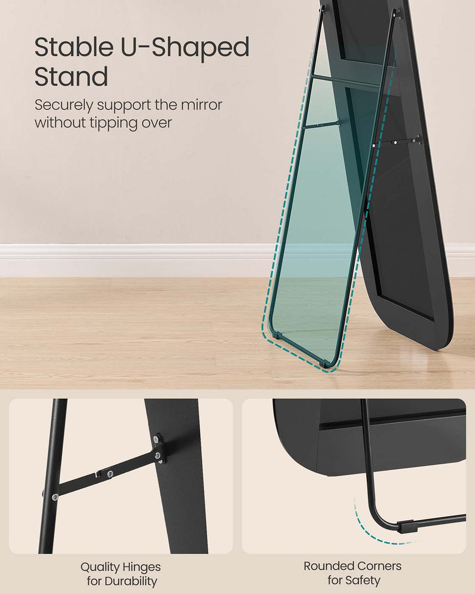 Full Length Standing Mirror – Aluminium Alloy – Ink Black – Rounded Corners, Tempered Glass