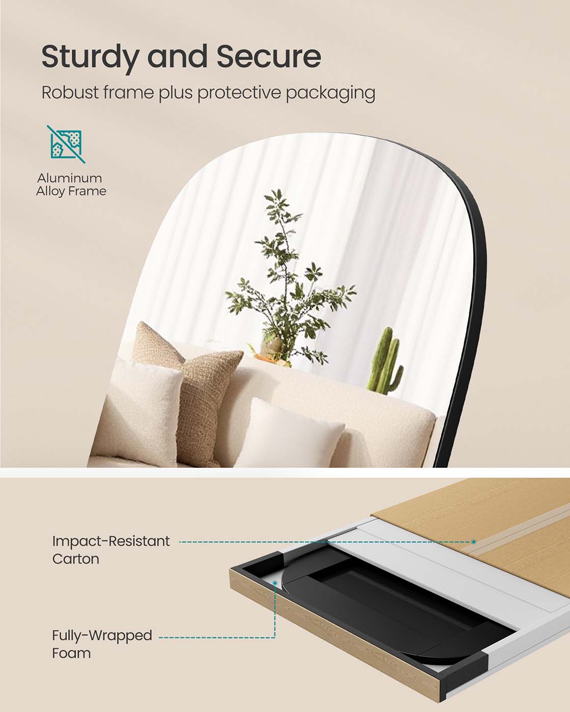 Full Length Standing Mirror – Aluminium Alloy – Ink Black – Rounded Corners, Tempered Glass