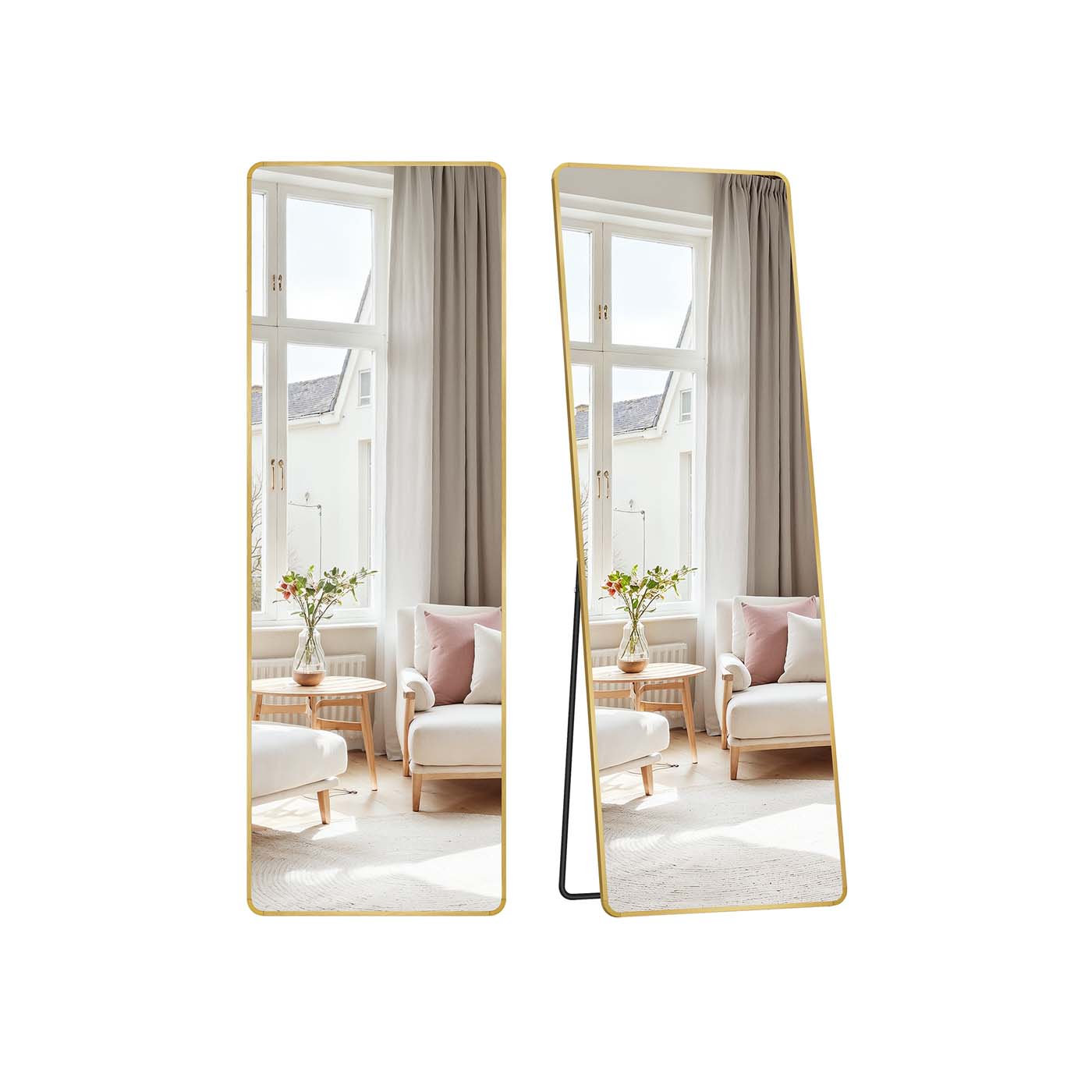 Full Length Mirror – Aluminium Alloy – Pale Gold – Rectangle with Stand 160 x 50 cm