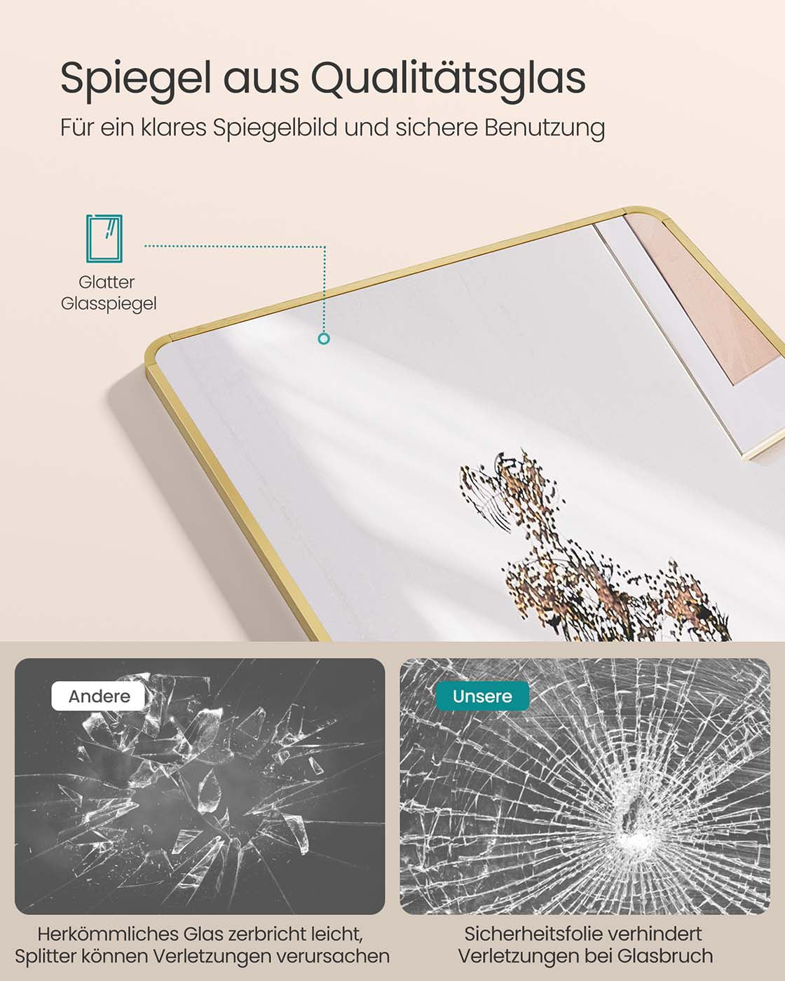 Full Length Mirror – Aluminium Alloy – Pale Gold – Rectangle with Stand 160 x 50 cm
