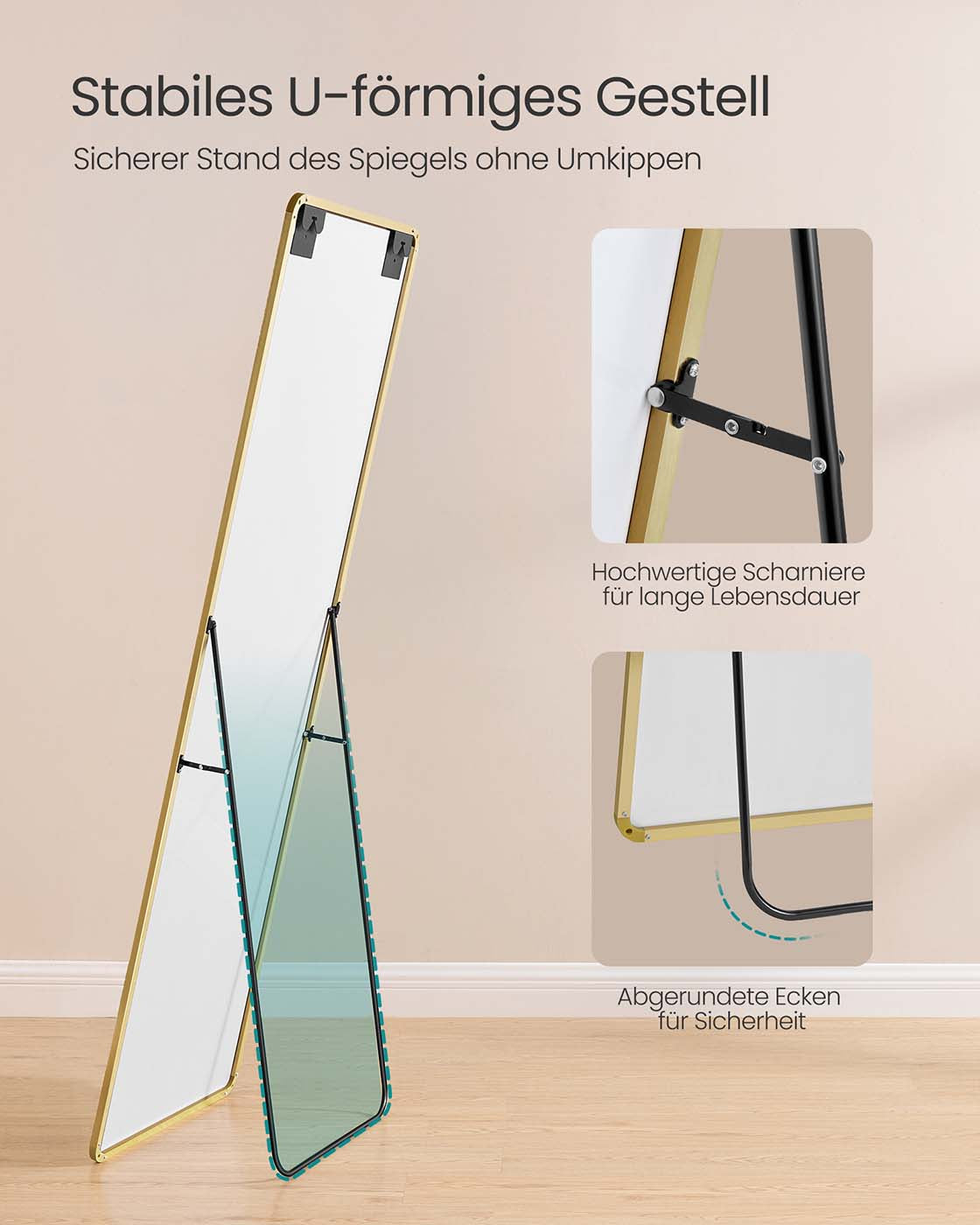 Full Length Mirror – Aluminium Alloy – Pale Gold – Rectangle with Stand 160 x 50 cm