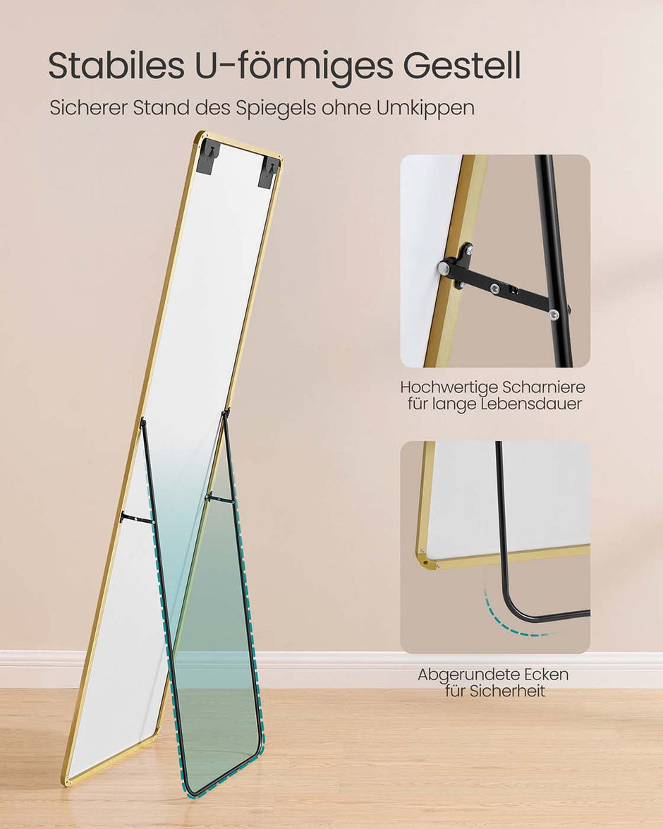 Full Length Mirror – Aluminium Alloy – Pale Gold – Rectangle with Stand 160 x 50 cm