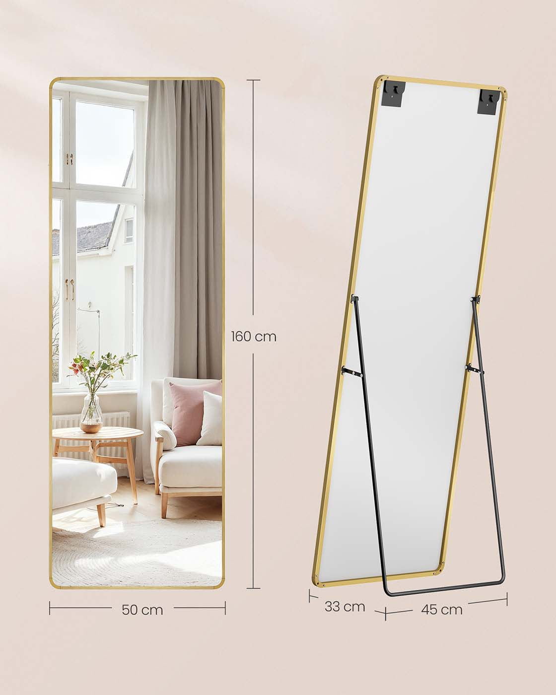 Full Length Mirror – Aluminium Alloy – Pale Gold – Rectangle with Stand 160 x 50 cm