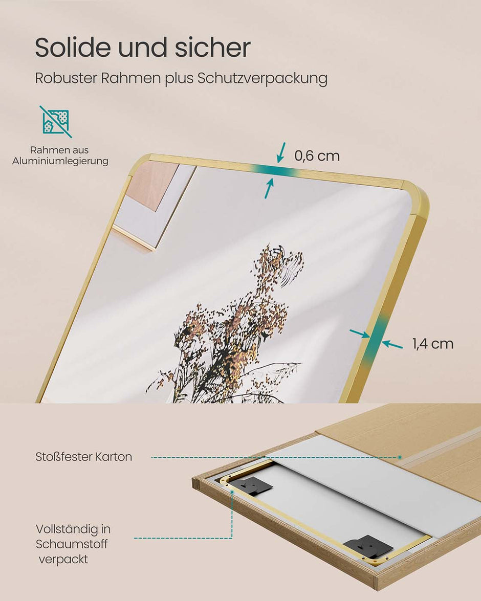 Full Length Mirror – Aluminium Alloy – Pale Gold – Rectangle with Stand 160 x 50 cm
