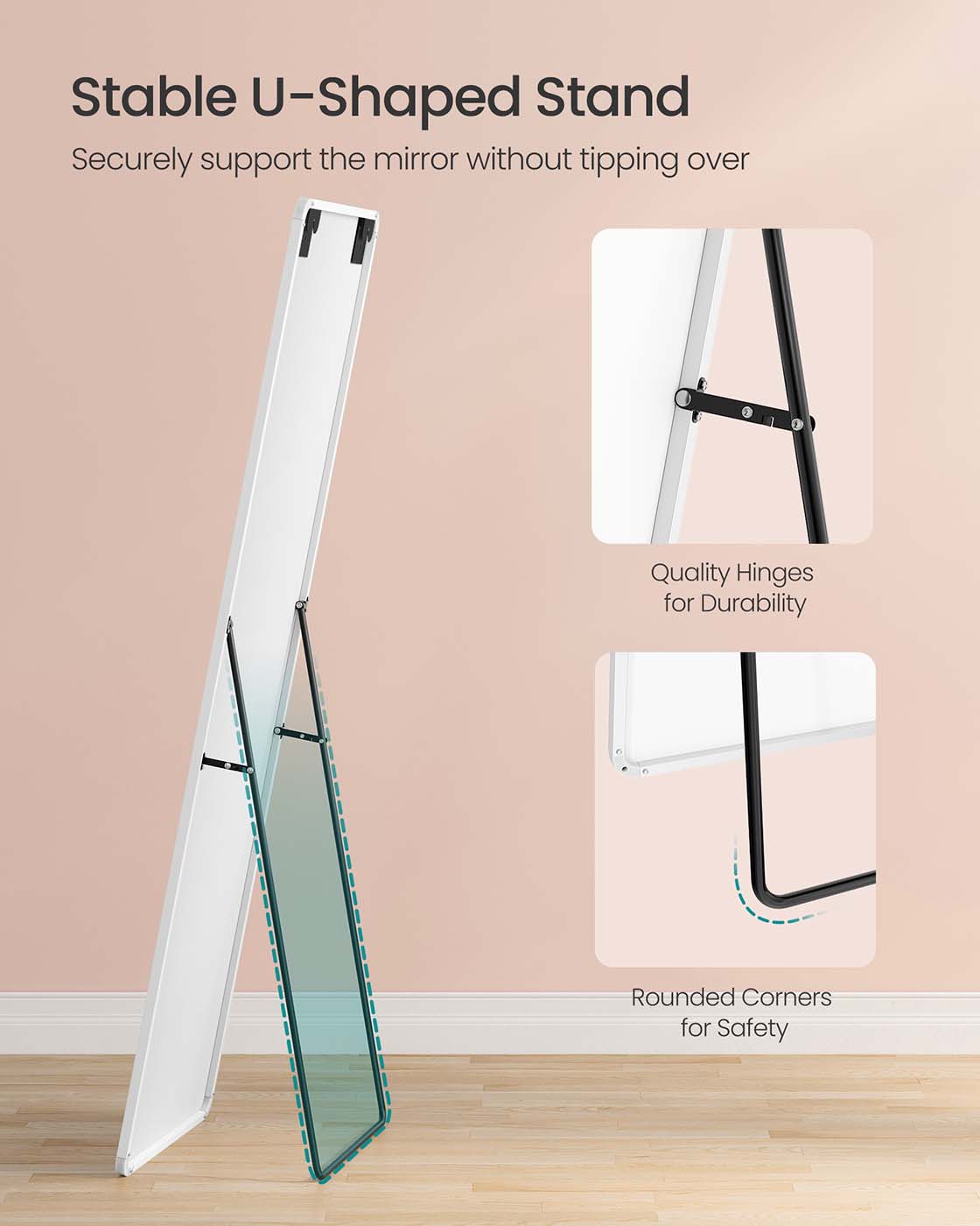 Full Length Mirror – Aluminium Alloy Frame – Matte White – Rectangular with Stand