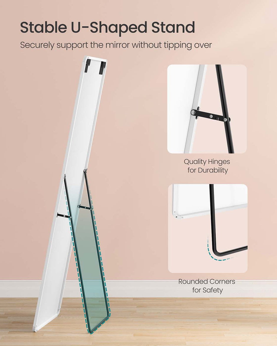 Full Length Mirror – Aluminium Alloy Frame – Matte White – Rectangular with Stand