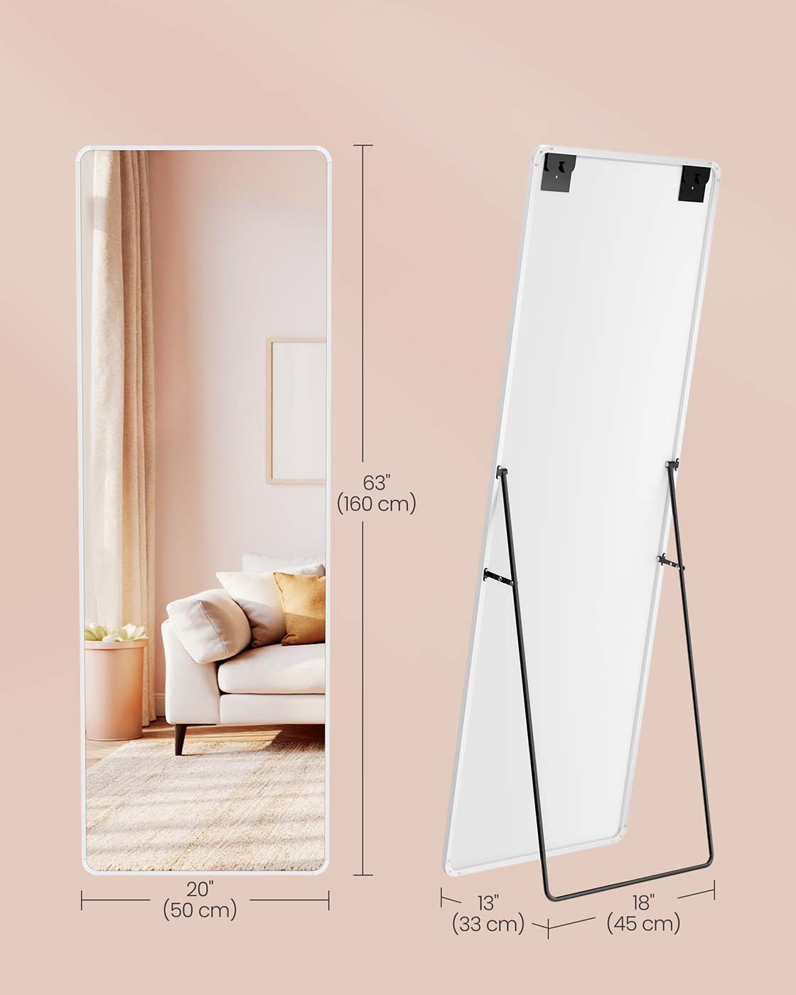 Full Length Mirror – Aluminium Alloy Frame – Matte White – Rectangular with Stand