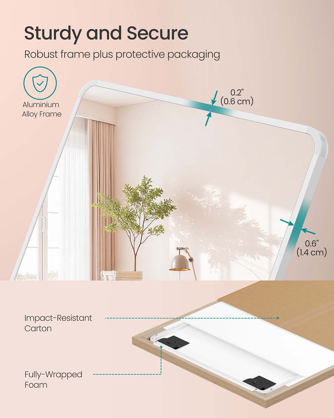 Full Length Mirror – Aluminium Alloy Frame – Matte White – Rectangular with Stand