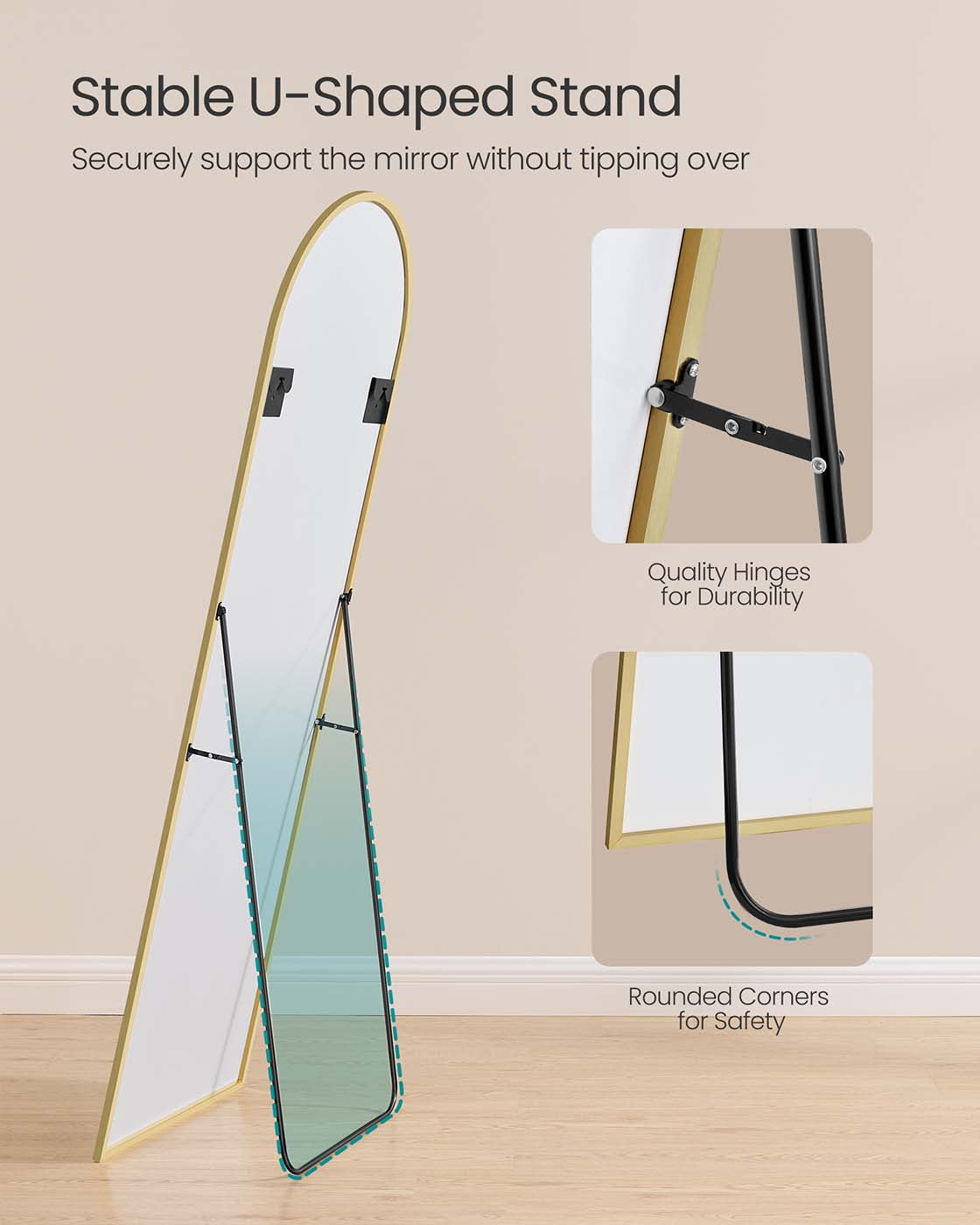 Full Length Mirror – Aluminium Alloy – Pale Gold – Arched with Stand