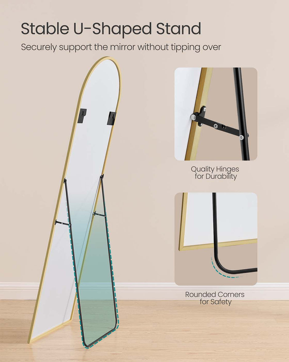 Full Length Mirror – Aluminium Alloy – Pale Gold – Arched with Stand