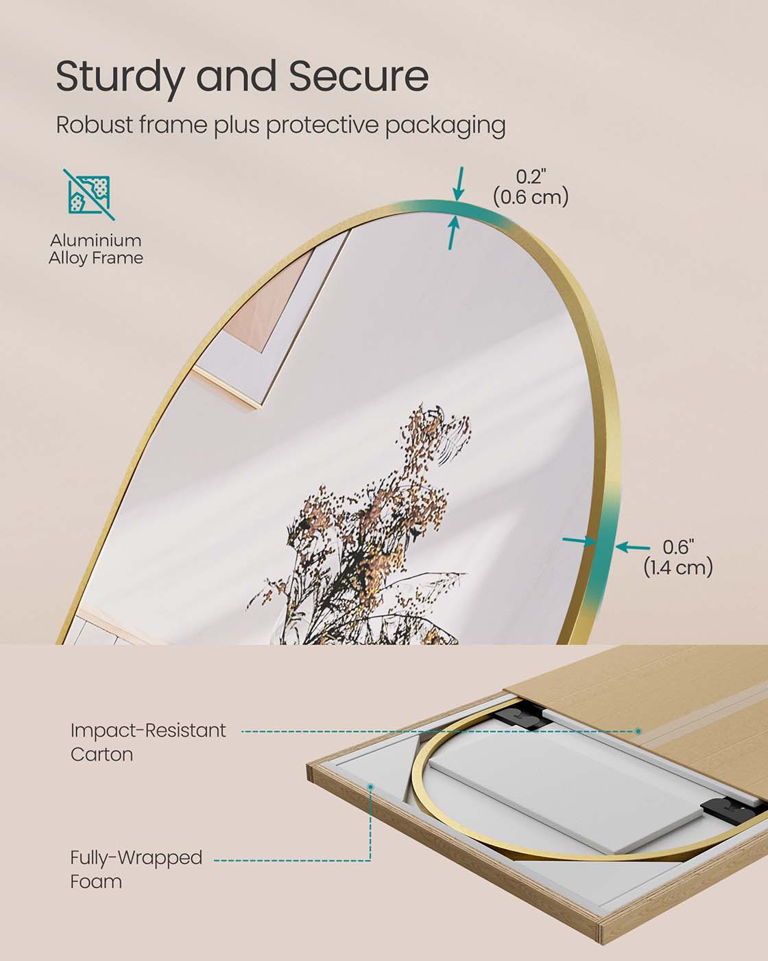 Full Length Mirror – Aluminium Alloy – Pale Gold – Arched with Stand