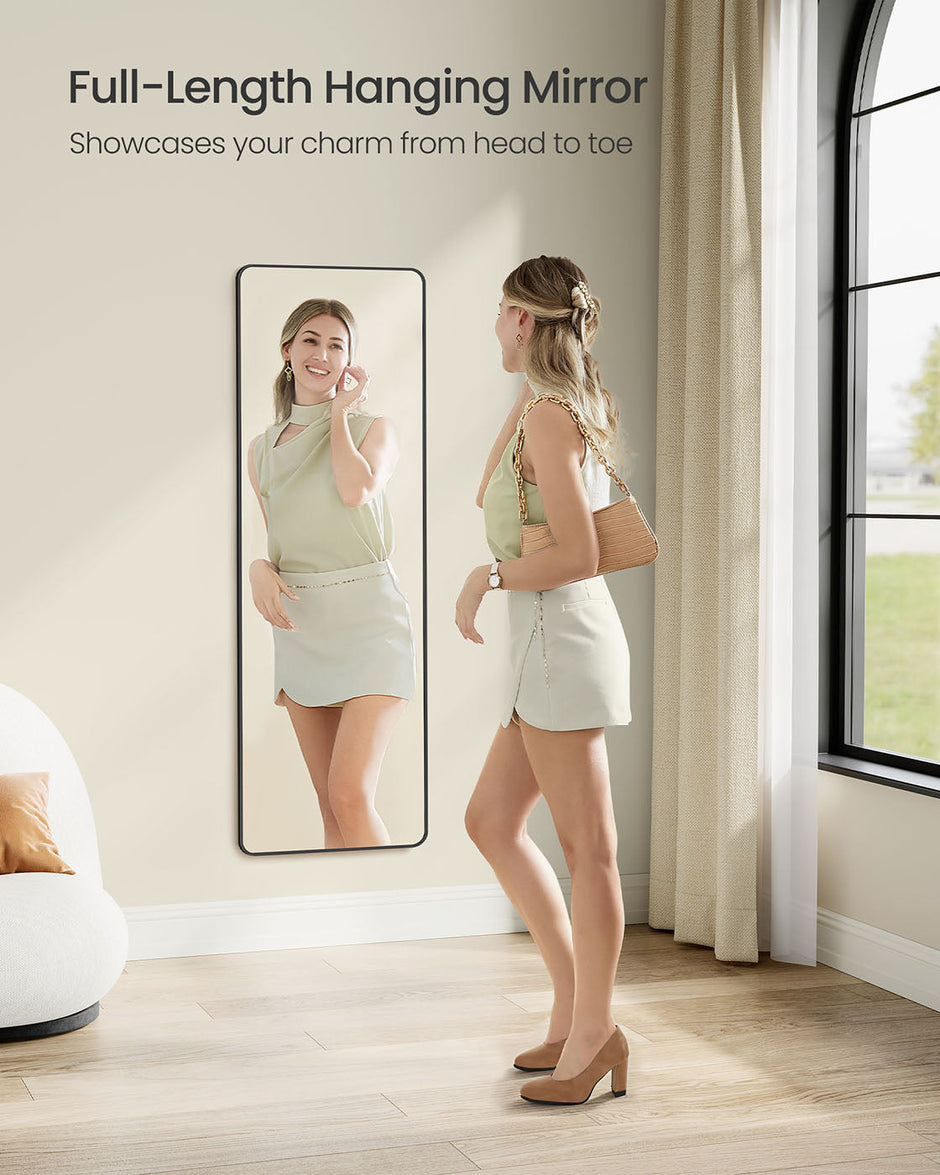 Full Length Mirror – Tempered Glass – Ink Black – Over the Door or Wall Mounted