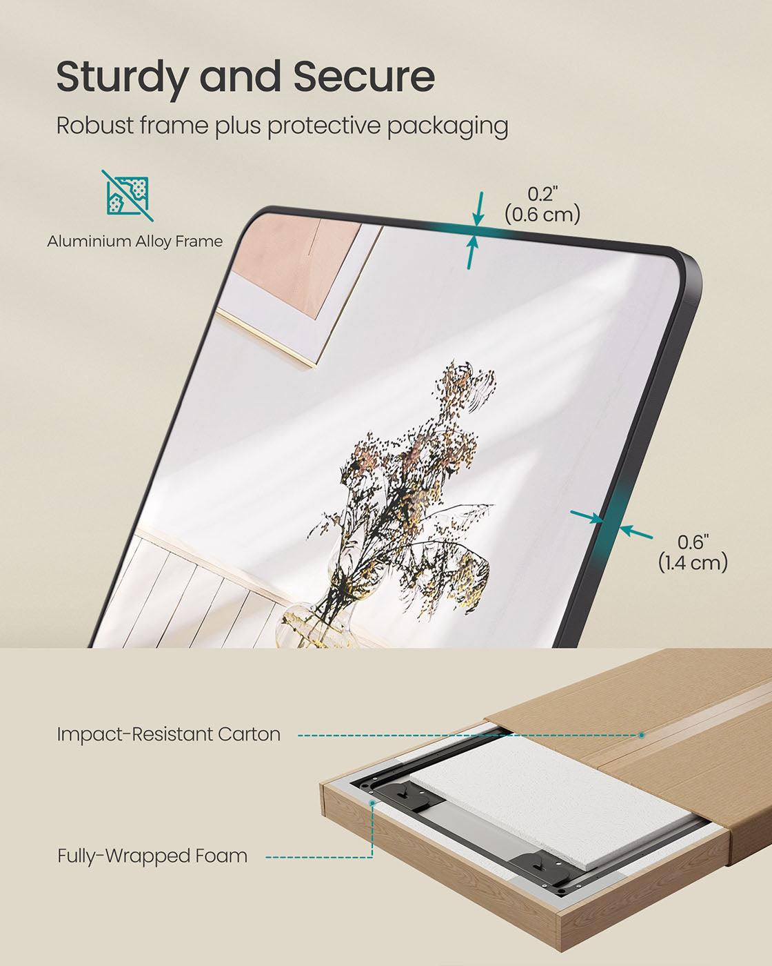 Full Length Mirror – Tempered Glass – Ink Black – Over the Door or Wall Mounted