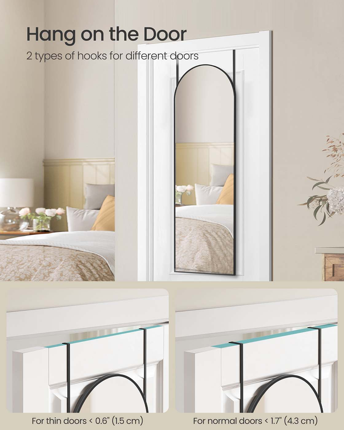 Arched Full Length Mirror – Tempered Glass – Ink Black – Over the Door or Wall Mounted