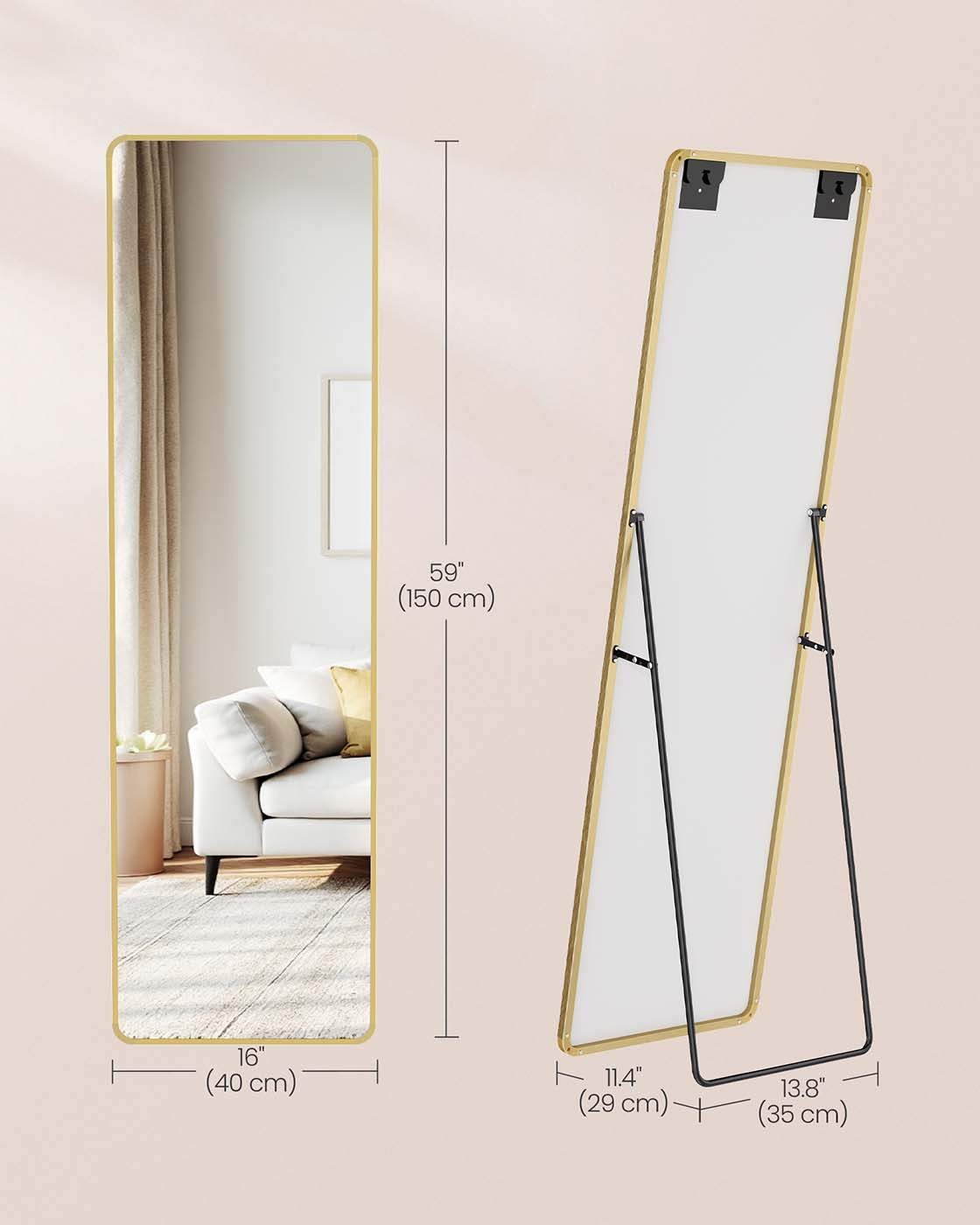Full Length Mirror – Aluminium Alloy – Pale Gold – Rectangular with Stand