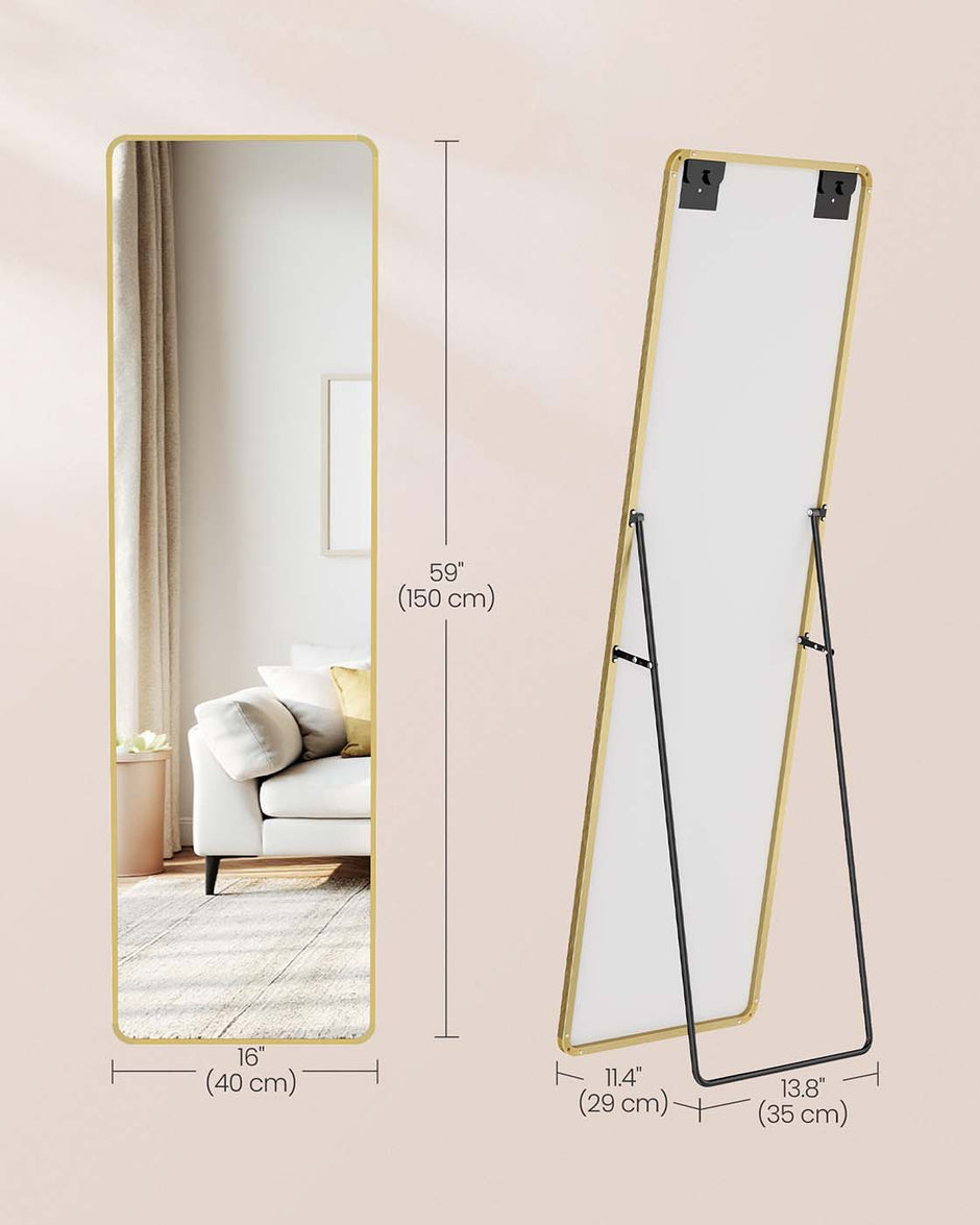 Full Length Mirror – Aluminium Alloy – Pale Gold – Rectangular with Stand