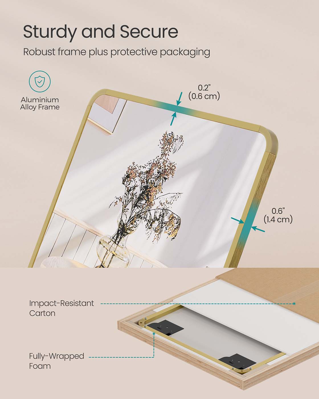 Full Length Mirror – Aluminium Alloy – Pale Gold – Rectangular with Stand
