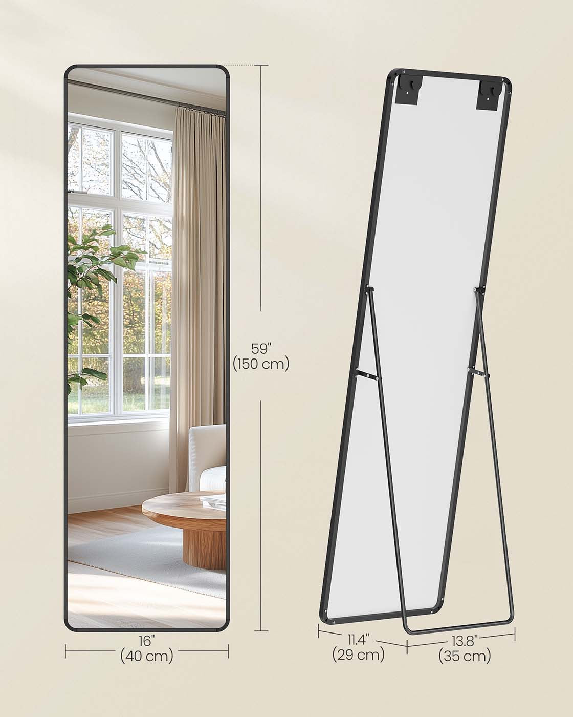 Full Length Mirror – Aluminium Alloy Frame – Ink Black – Freestanding Design