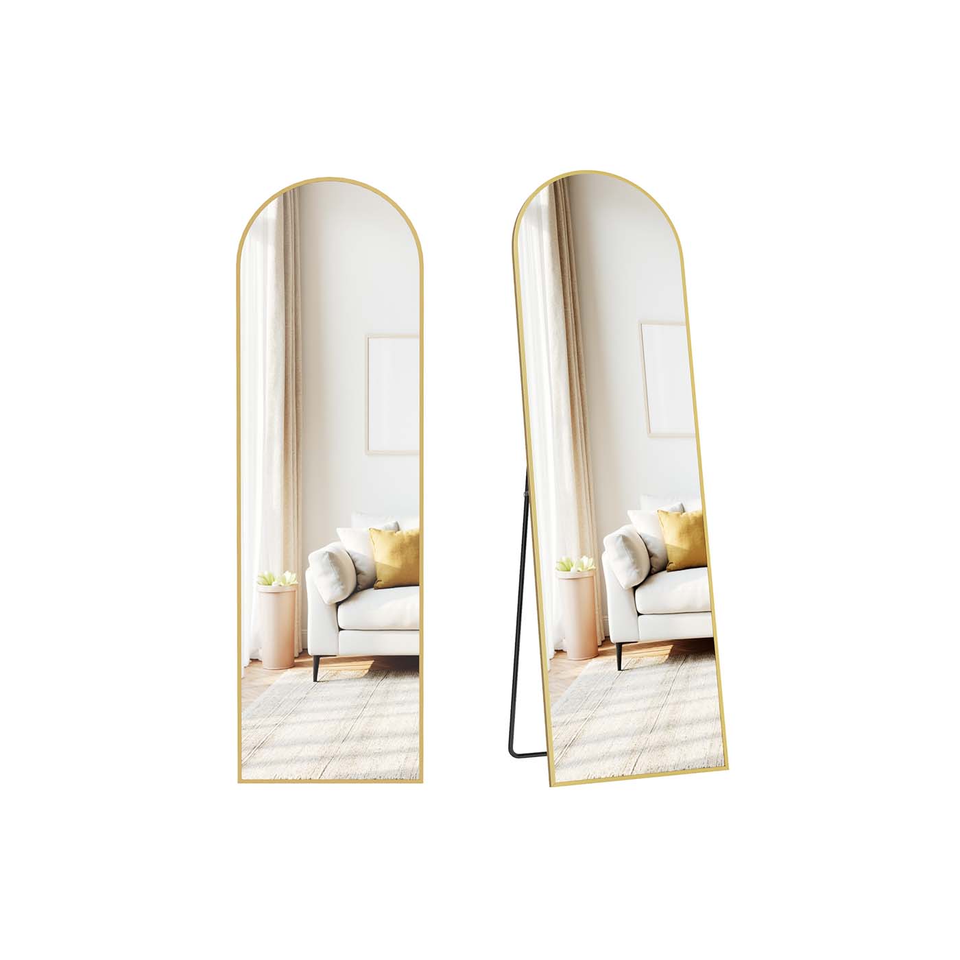 Full Length Mirror – Aluminum Alloy – Pale Gold – Arched with Stand