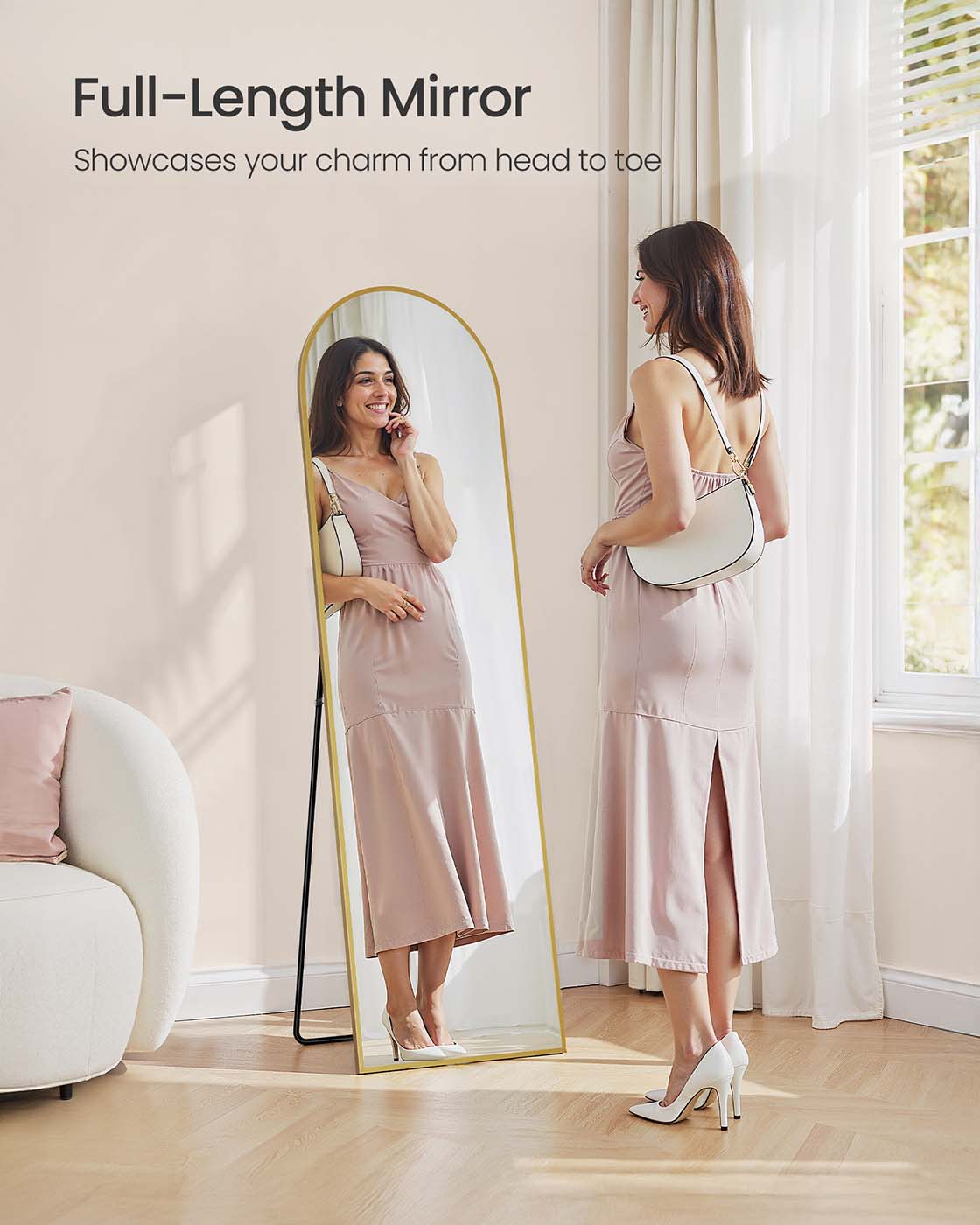 Full Length Mirror – Aluminum Alloy – Pale Gold – Arched with Stand