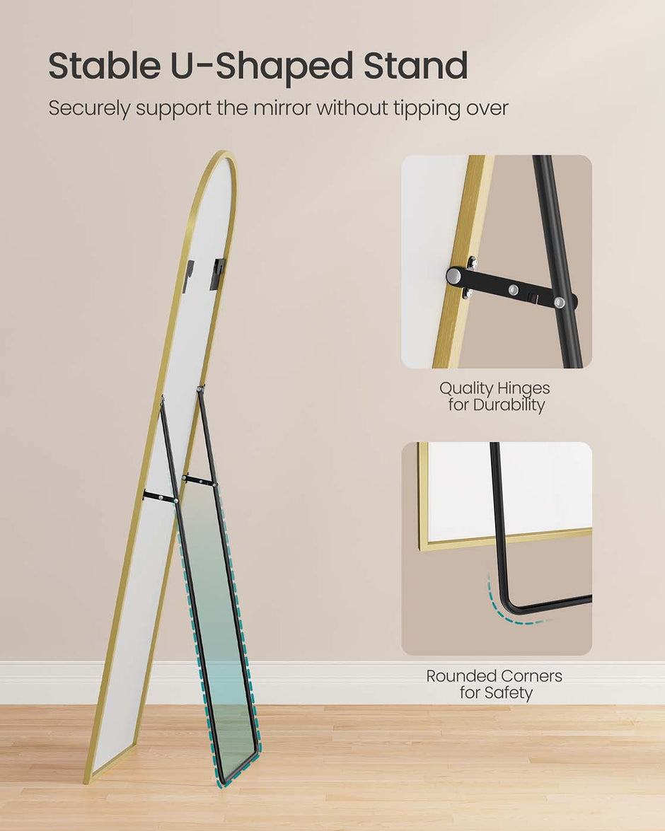 Full Length Mirror – Aluminum Alloy – Pale Gold – Arched with Stand