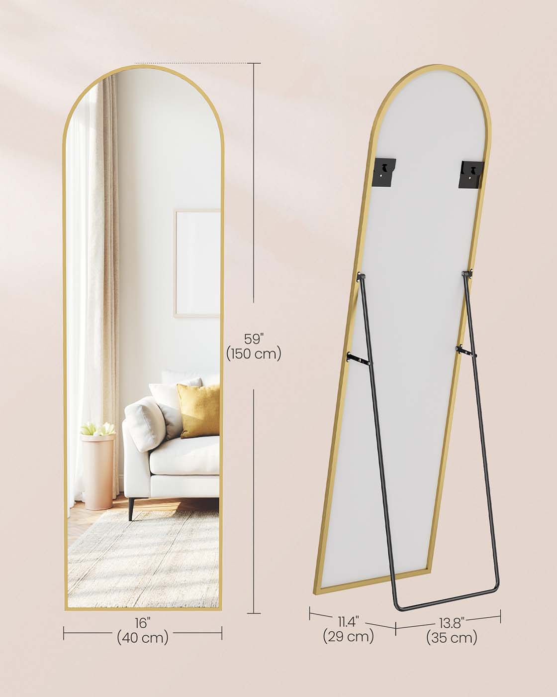 Full Length Mirror – Aluminum Alloy – Pale Gold – Arched with Stand