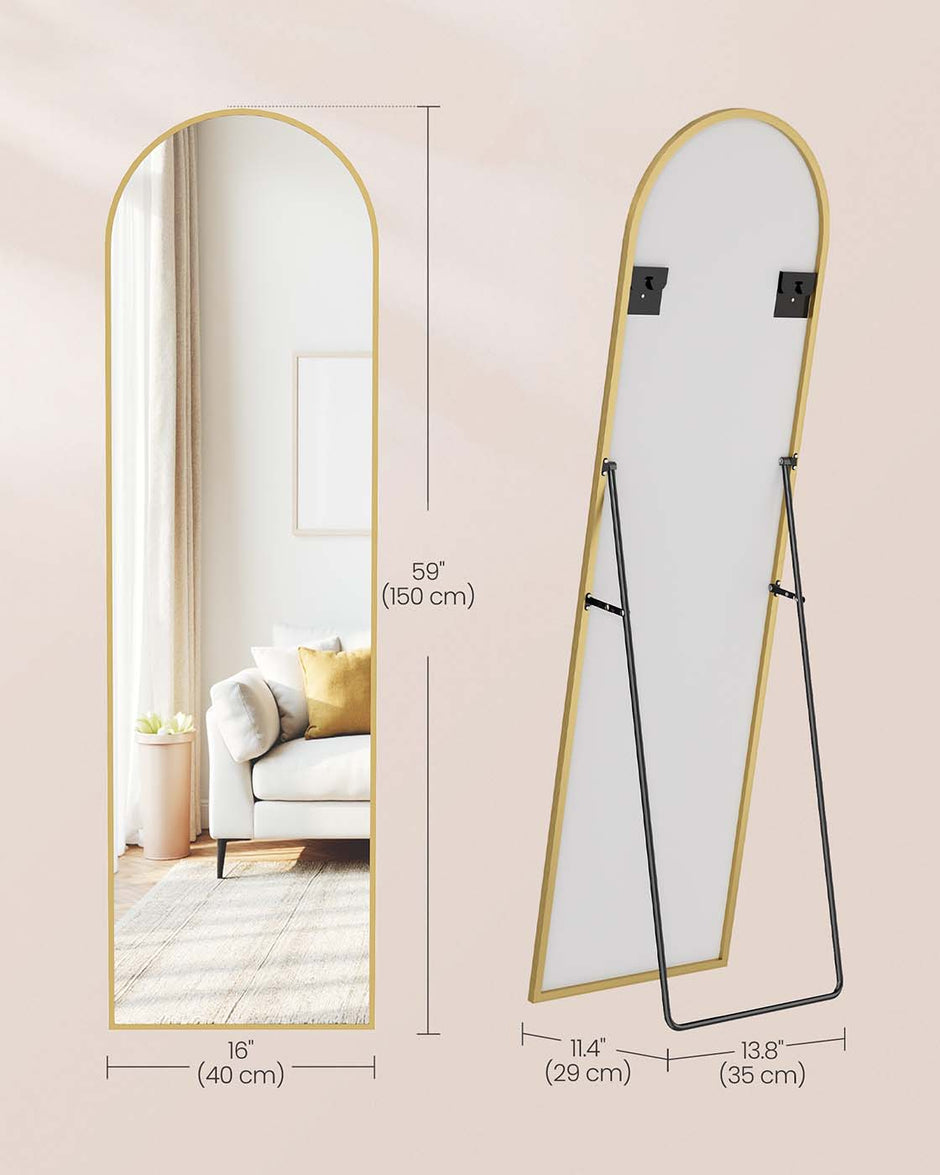 Full Length Mirror – Aluminum Alloy – Pale Gold – Arched with Stand