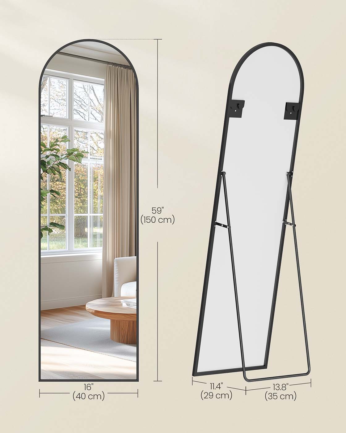 Full Length Mirror – Aluminium Alloy – Ink Black – Arched with Stand