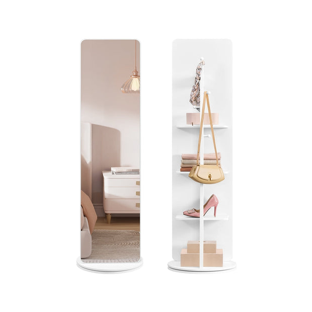 Full-Length Standing Mirror – Tempered Glass – Cloud White – 360° Rotatable with Base, Shelves, and Hooks