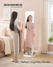 Full-Length Standing Mirror – Tempered Glass – Cloud White – 360° Rotatable with Base, Shelves, and Hooks