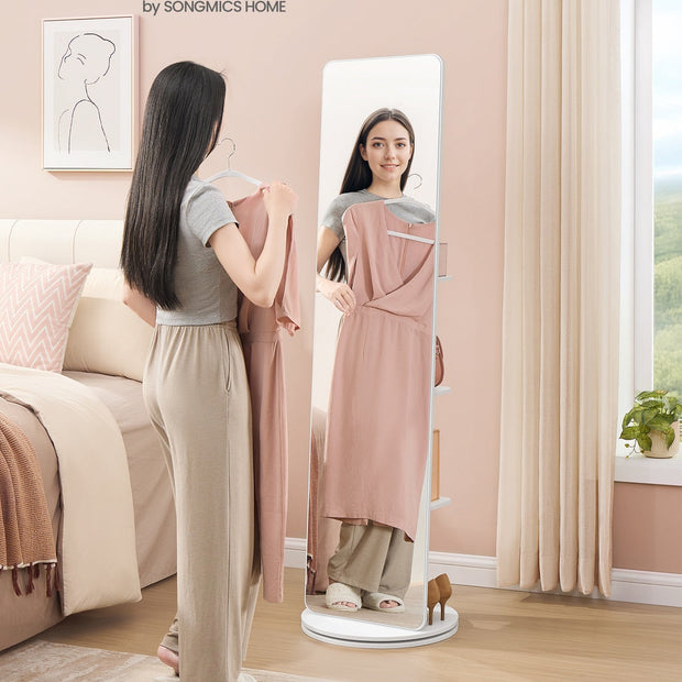 Full-Length Standing Mirror – Tempered Glass – Cloud White – 360° Rotatable with Base, Shelves, and Hooks