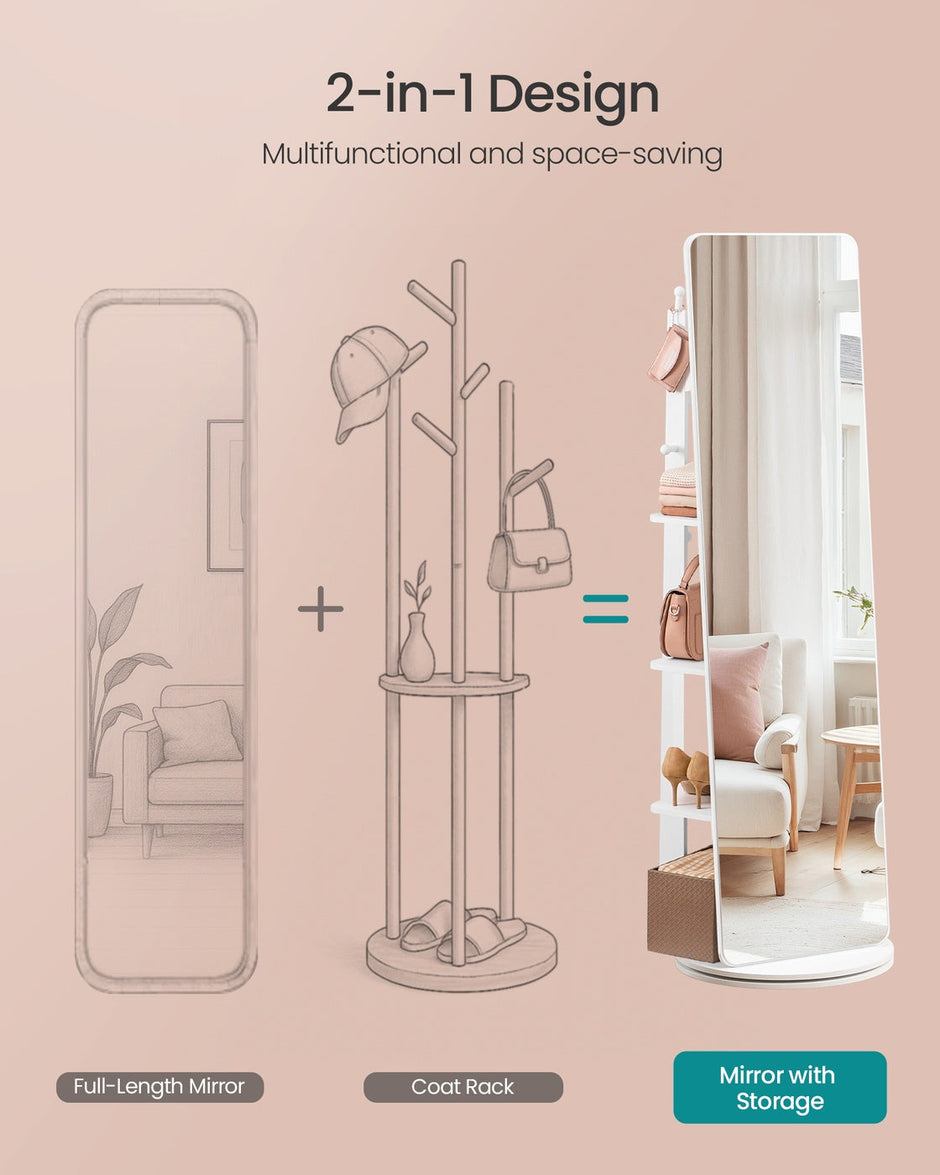 Full-Length Standing Mirror – Tempered Glass – Cloud White – 360° Rotatable with Base, Shelves, and Hooks