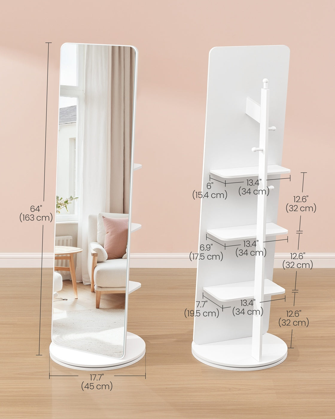 Full-Length Standing Mirror – Tempered Glass – Cloud White – 360° Rotatable with Base, Shelves, and Hooks