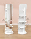 Full-Length Standing Mirror – Tempered Glass – Cloud White – 360° Rotatable with Base, Shelves, and Hooks