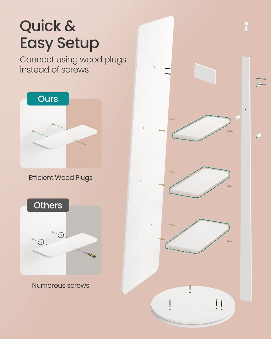 Full-Length Standing Mirror – Tempered Glass – Cloud White – 360° Rotatable with Base, Shelves, and Hooks