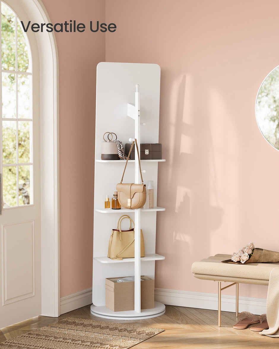 Full-Length Standing Mirror – Tempered Glass – Cloud White – 360° Rotatable with Base, Shelves, and Hooks