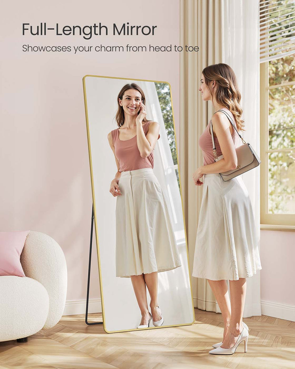 Full Length Mirror – Aluminium Alloy – Pale Gold – Rectangle with Stand 165 x 60 cm