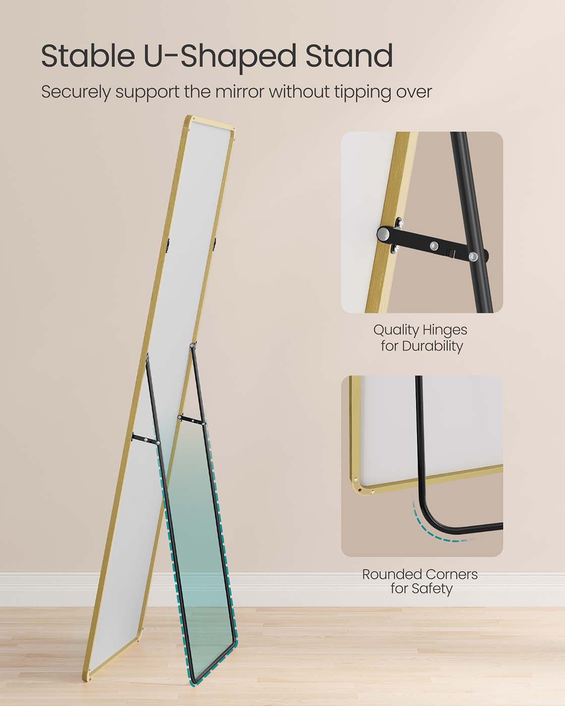 Full Length Mirror – Aluminium Alloy – Pale Gold – Rectangle with Stand 165 x 60 cm