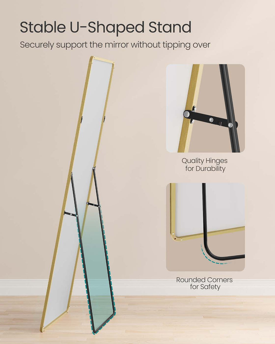 Full Length Mirror – Aluminium Alloy – Pale Gold – Rectangle with Stand 165 x 60 cm