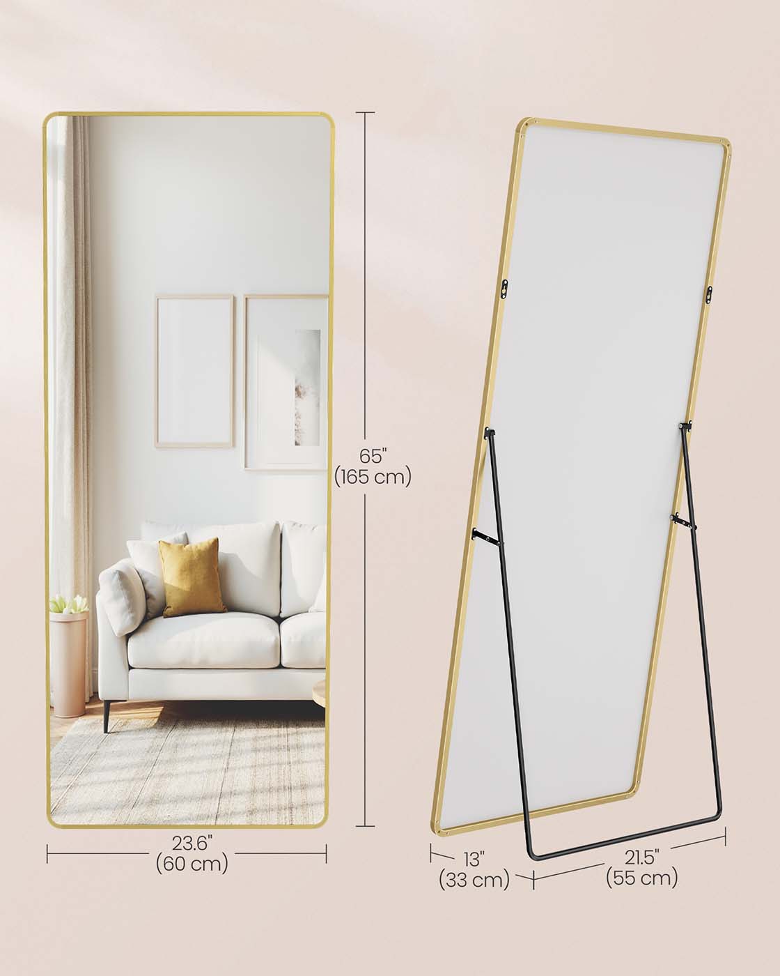 Full Length Mirror – Aluminium Alloy – Pale Gold – Rectangle with Stand 165 x 60 cm