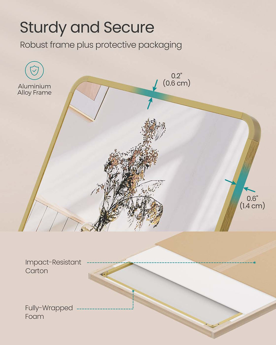 Full Length Mirror – Aluminium Alloy – Pale Gold – Rectangle with Stand 165 x 60 cm