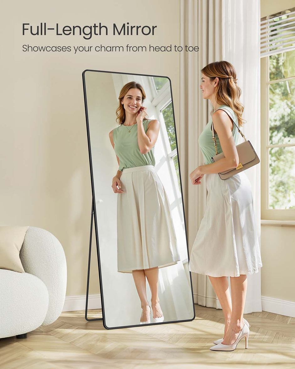 Full Length Mirror – Aluminium Alloy Frame – Ink Black – Free Standing Rectangular Design 165 x 60 cm