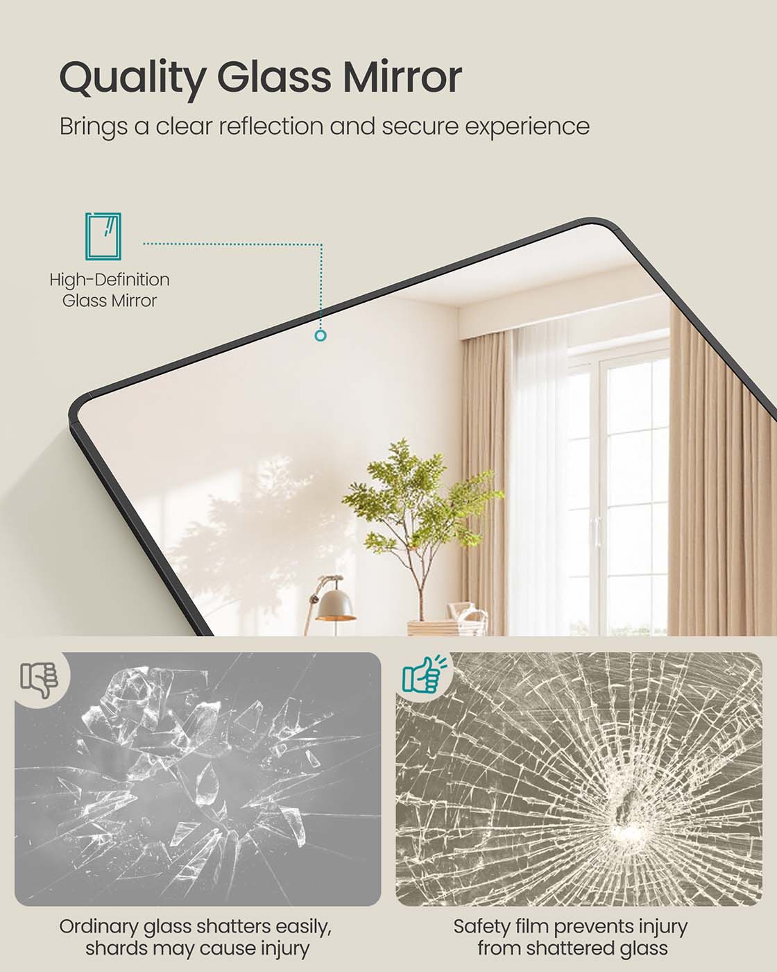 Full Length Mirror – Aluminium Alloy Frame – Ink Black – Free Standing Rectangular Design 165 x 60 cm