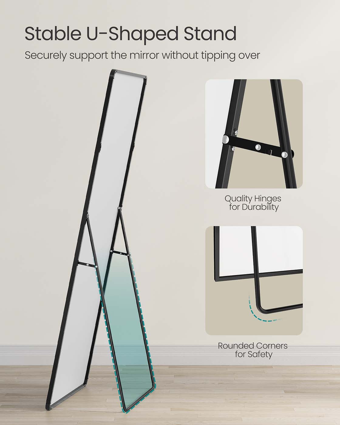 Full Length Mirror – Aluminium Alloy Frame – Ink Black – Free Standing Rectangular Design 165 x 60 cm